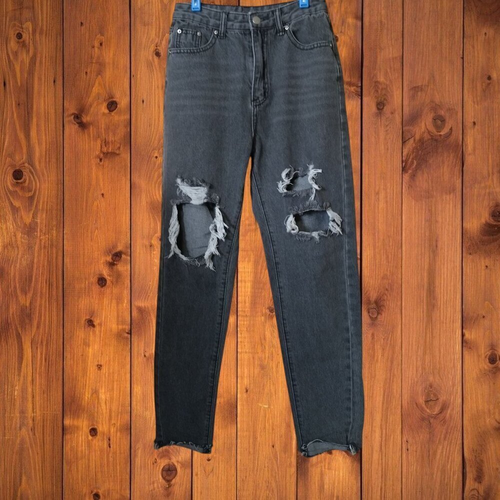 SHEIN Black Destroyed Denim Jeans High Rise Raw Hem Grunge Casual Size XS
